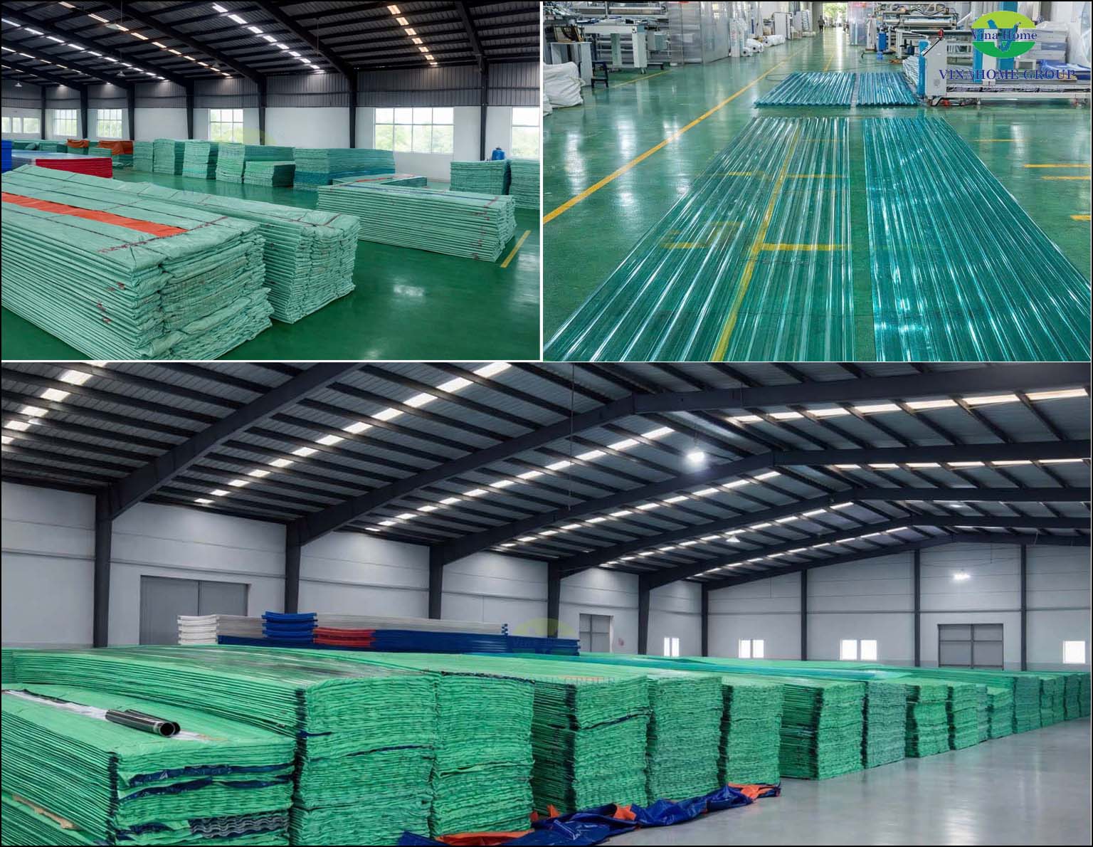 Tấm Poly dạng sóng được đóng kiện trong nhà xưởng Vinahome.