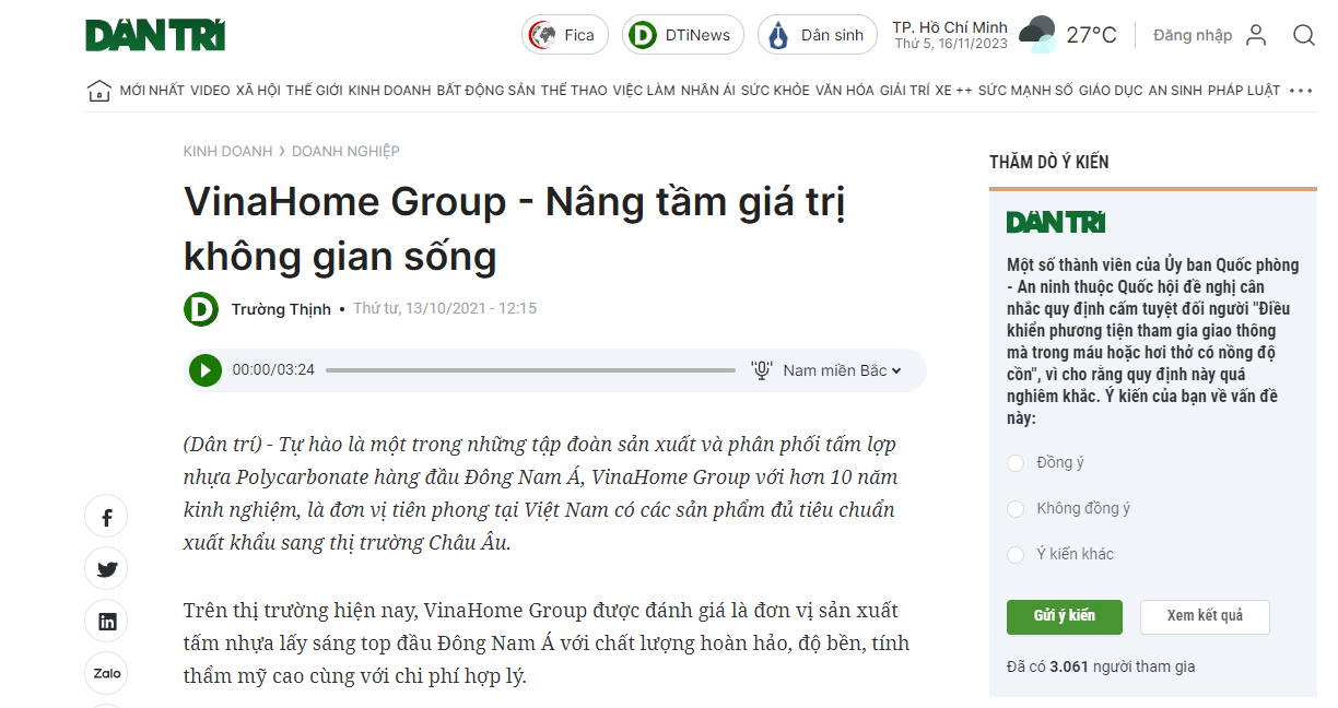 BÁO DÂN TRÍ khen ngợi VinaHome Group - Đơn vị nâng tầm không gian sống