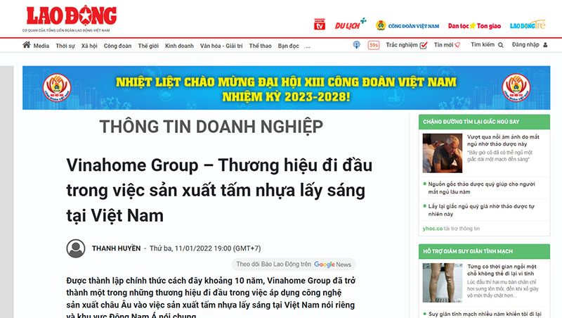 BÁO LAO ĐỘNG khen ngợi VinaHome là thương hiệu hàng đầu sản xuất nhựa lấy sáng